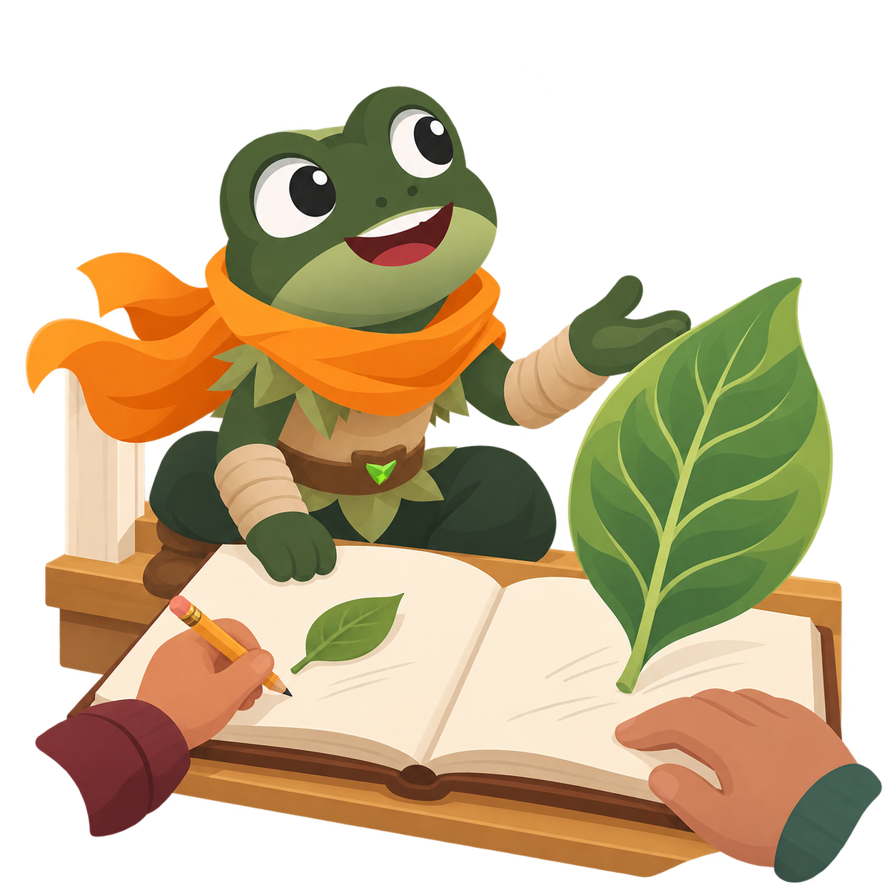 Verdant helps a child and caregiver explore a leaf in their shared notebook. The child holds the pencil; the caregiver supports the page.